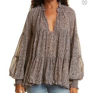 Cinq a Sept Claude Top Navy Rose Clay Floral Tiered Balloon Sleeve Blouse S NEW